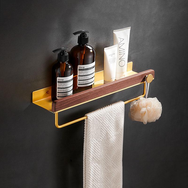30-50cm Brushed Gold Bathroom Corner Shelf Wall-mounted Shower Room Toilet Walnut Wood Cosmetic Storage Rack with Hook Rod