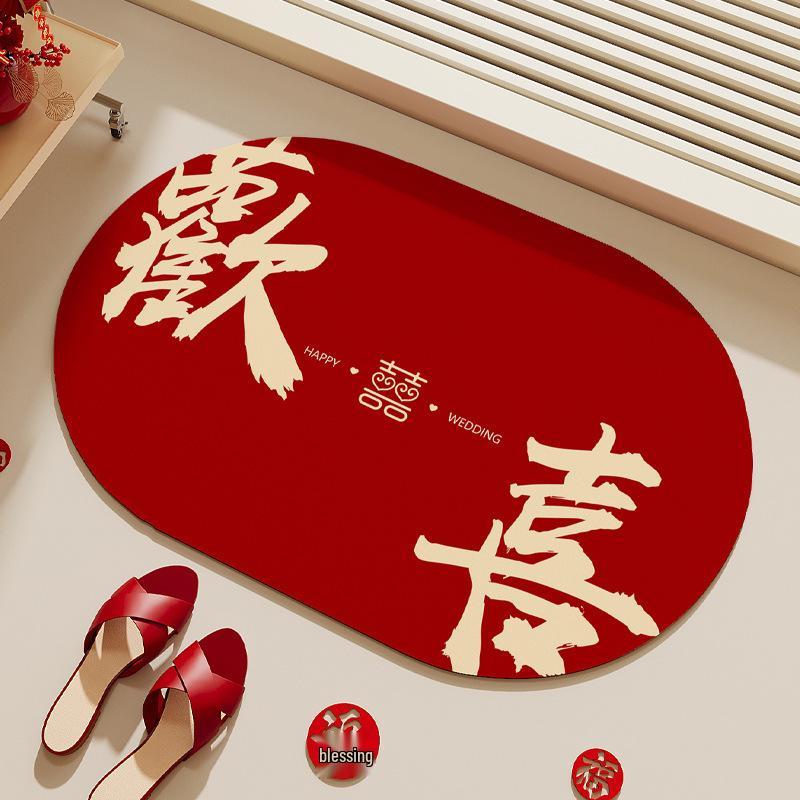 Festive Red Diatomaceous Earth Water-Absorbing Anti-Slip Oval Bathroom Mat