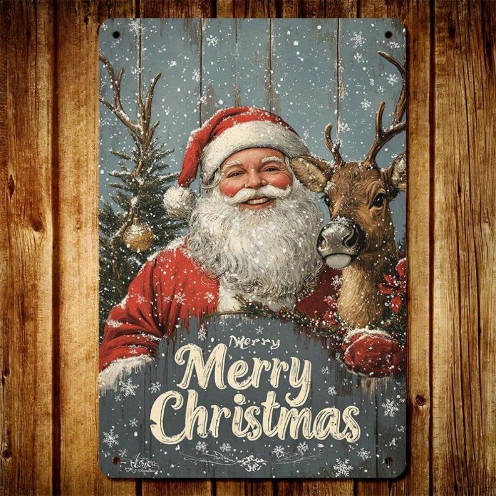 Weihnachts-Metallblechschild Weihnachtsmann Rentier mit Frohe Weihnachten Schriftzug Rustikal Retro Wandkunst Dekoration für Zuhause Garage