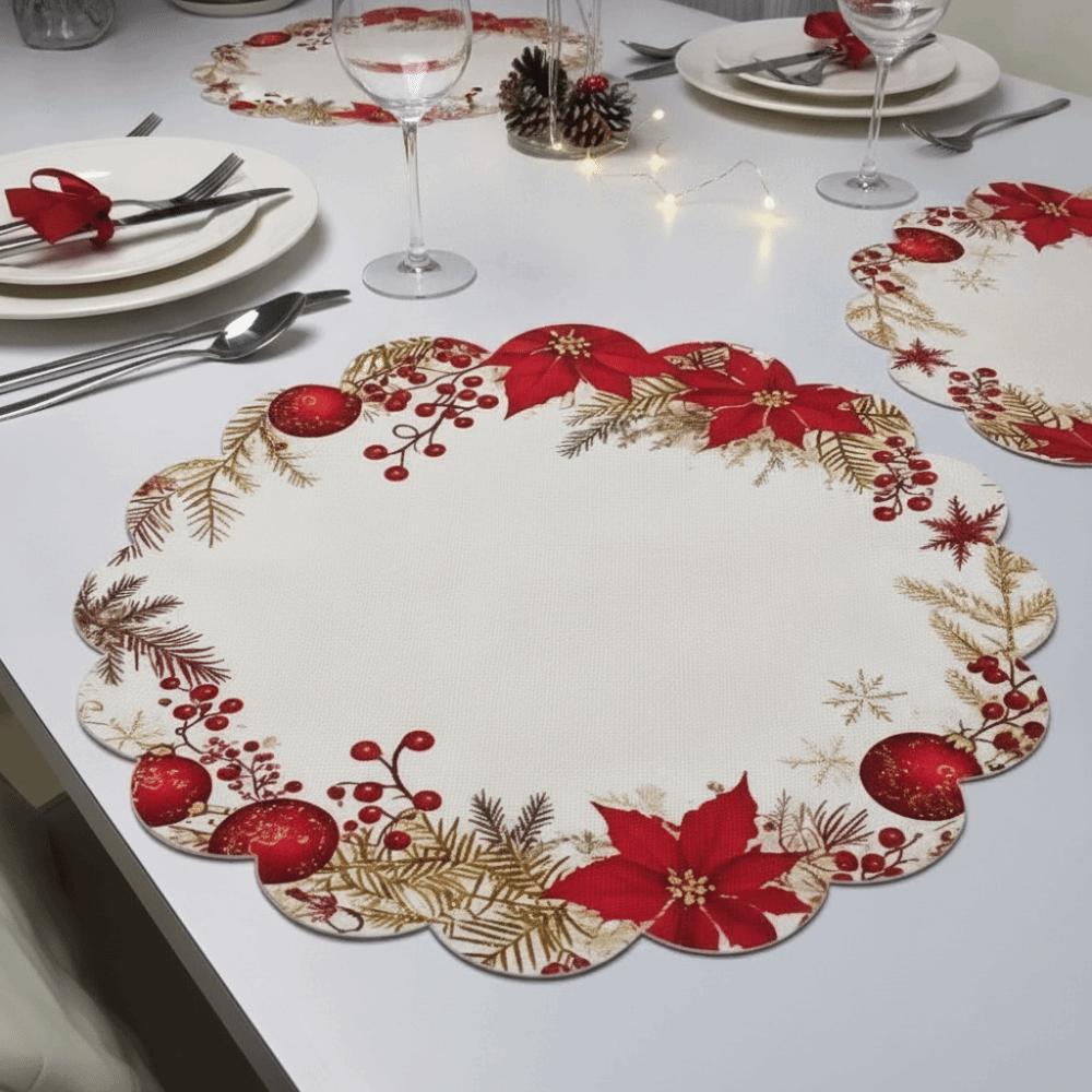 6pcs Easy Clean Red Berry Mat Non Slip Holiday Dinner Mat Christmas Table Placemat  Holiday Feast
