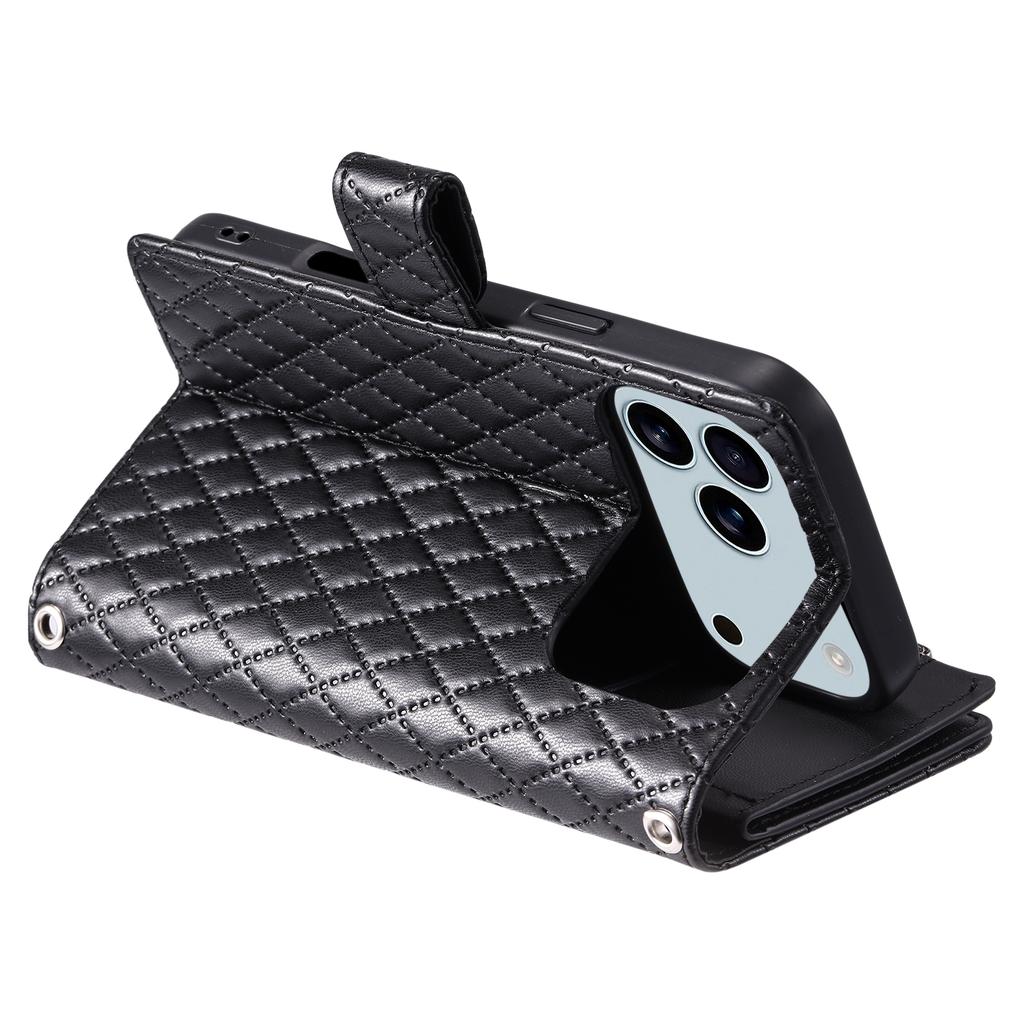 For iPhone 17 Pro Max Case Zipper Pocket Glitter Leather Phone Cover with Wrist Strap