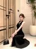 Women's Black Floral Backless Halter Maxi Dress - Slim Fit & Waist-Cinching, Figure-Flattering Bodycon Design with Summer Slit.