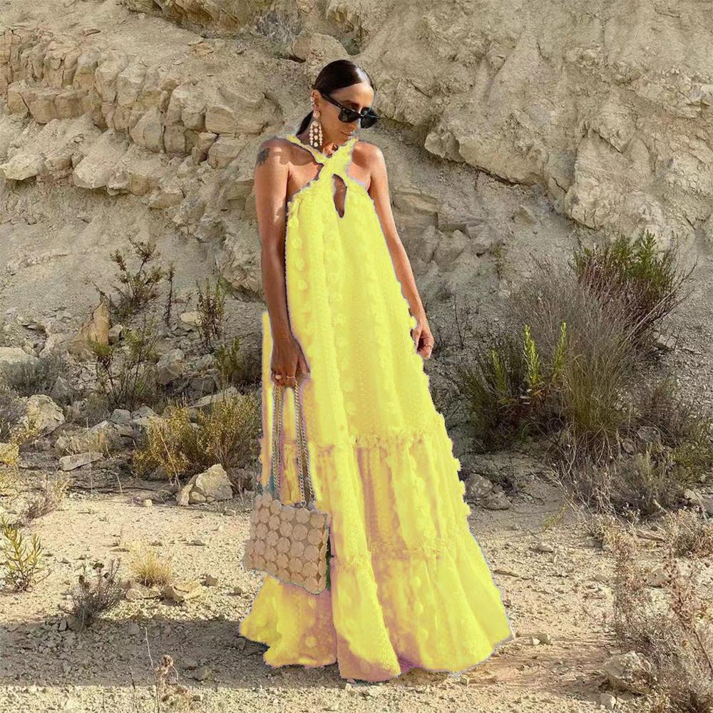 2024 Frühjahr/Sommer Europäischen und Amerikanischen Reine Farbe 3D Blume Bodenlangen Kuchen Neckholder Rock