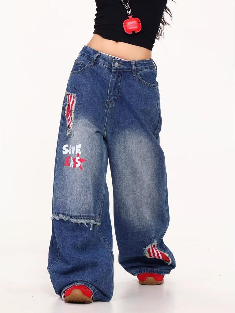 Unisex Retro Patchwork Ripped Wide-Leg Jeans