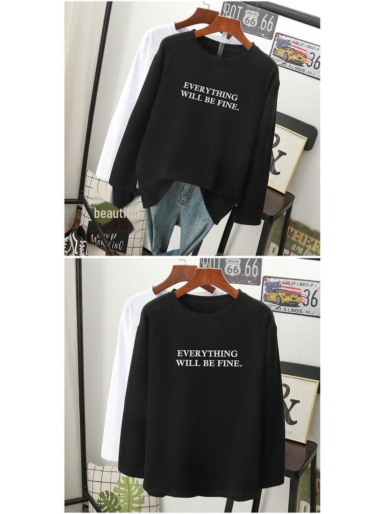 T-shirt ample à manches longues en pur coton pour femme - Nouveau pour Printemps/Automne 2024, Design amincissant couvrant le ventre