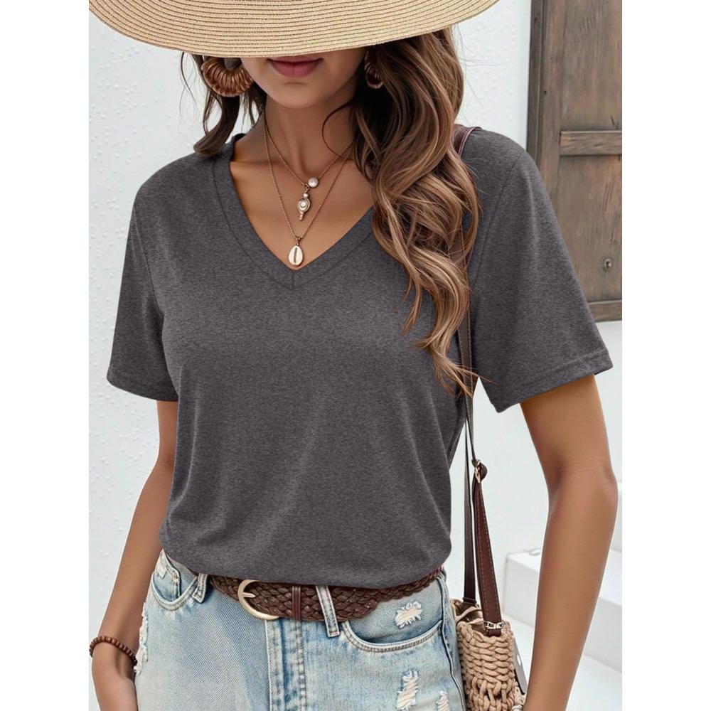 Soft V Neck Short Sleeve T-Shirt, Breathable Stretchy Basic Tee for Women, Casual Summer Wardrobe Essential Blouse