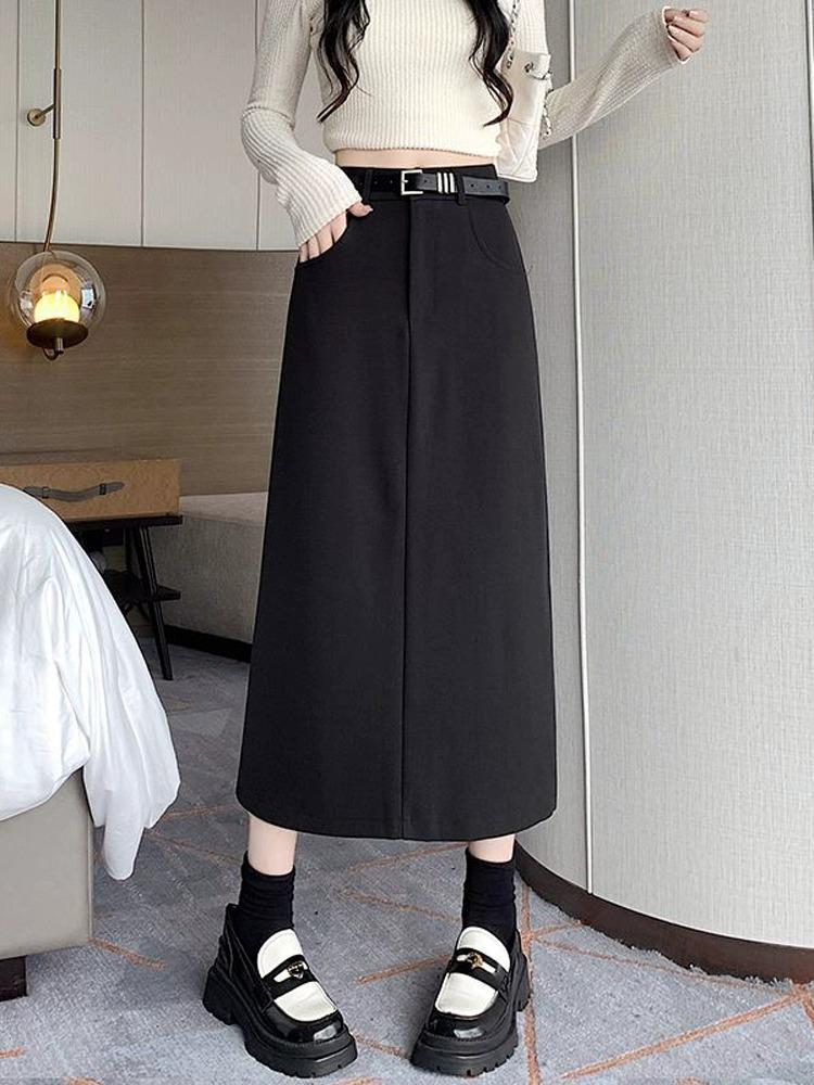 Women's 2024 High-Waist Black A-Line Split Skirt: Elegant, Versatile for Spring & Autumn