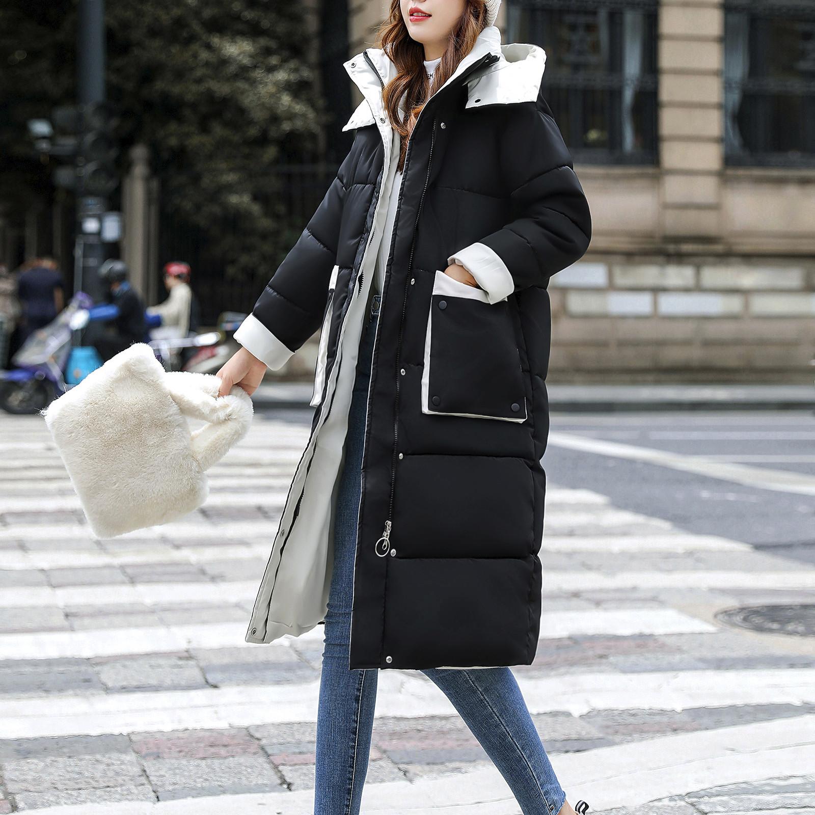 

Женская мода с длинным рукавом в стиле пэчворк Цветная длинная пуховая хлопковая куртка с капюшоном Пальто L чёрный