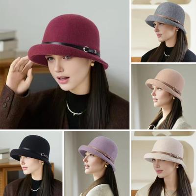 Basin Şapka İngiliz Tarzı Yünlü Günlük Şapka Kıvrık Kenarlı Suni Deri Kayışlı Kadın Sonbahar Kış Kentsel Şapka