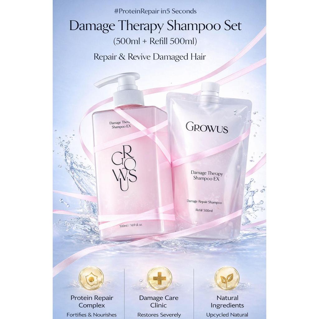 Growus Damage Therapy Shampoo Set (500ml + Refill 500ml)