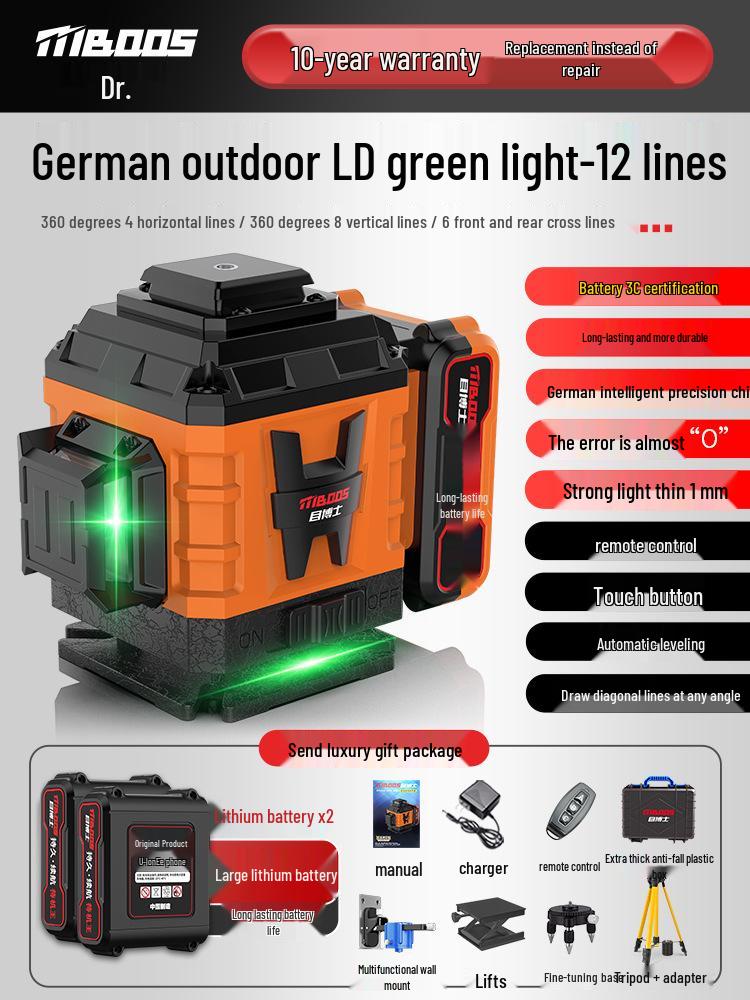 Nível Laser Infravermelho Automático de Alta Precisão de 12 Linhas para Uso Interno/Externo