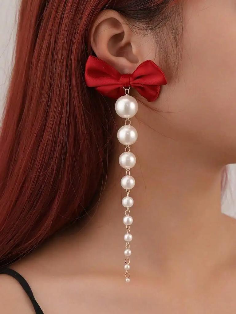 1 Pair Elegant Bowknot Faux Pearl Tassel Drop Earrings, Party Accessories For Women