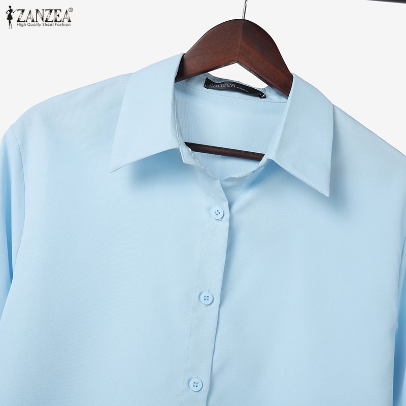 ZANZEA Women Casual Turn Down Collar Solid Color Loose Long Sleeve Blouse