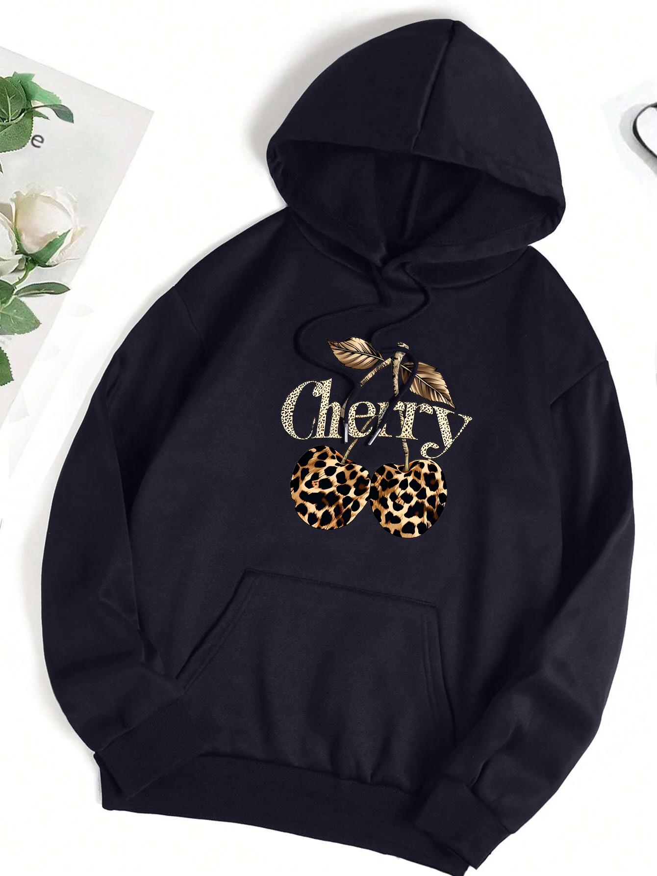 

Leopard Cherry Creative Printing Hoodies Women Fleece All-Match Streetwear Y2K Pocket Hoody Autumn Casual Woman Clothing 3XL