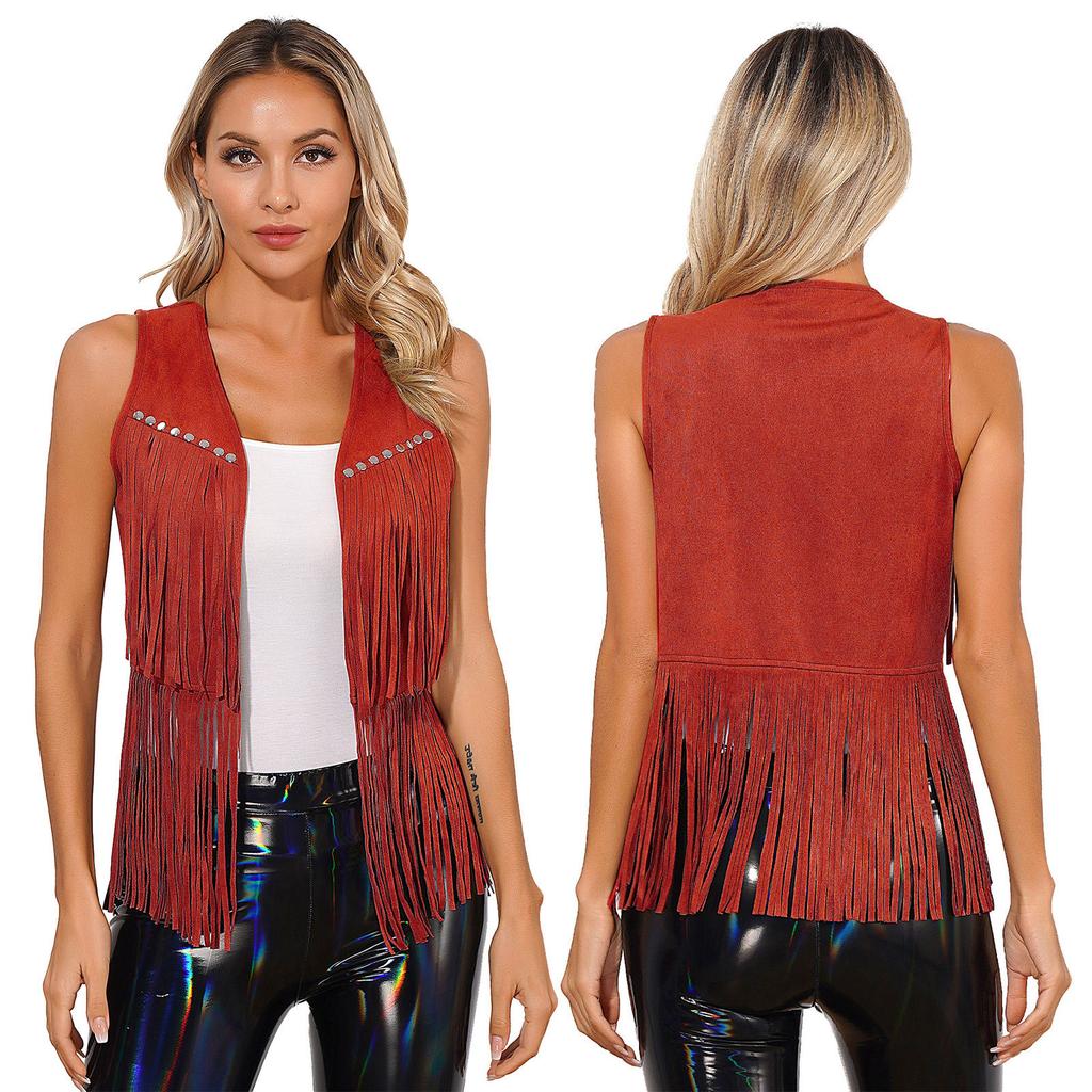 Dámska vesta z imitácie semišu v západnom štýle s strapcami a nitmi, otvorená predná časť bez rukávov pre boho outfity