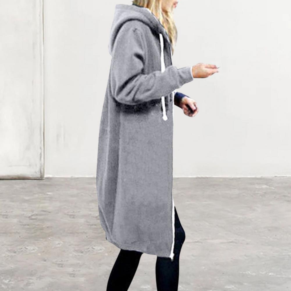 Women Plush Hooded Drawstring Women Jacket Thick Long Sleeves Zip Up Knee Length Autumn Coat Hooded Long Loose Winter Sweatshirt