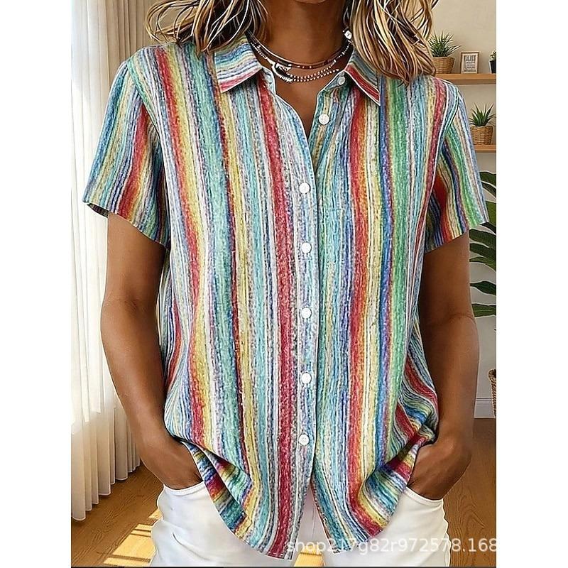 European and American summer hot-selling shirts, short-sleeved women's clothing, printed fashion lapel shirts, tops, casual women's clothing