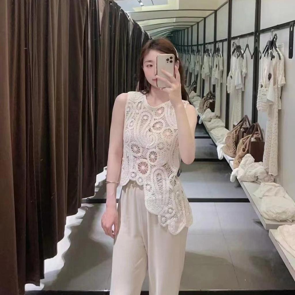 Chaleco de punto retro ahuecado de crochet con diseño nuevo de verano sin mangas cortas