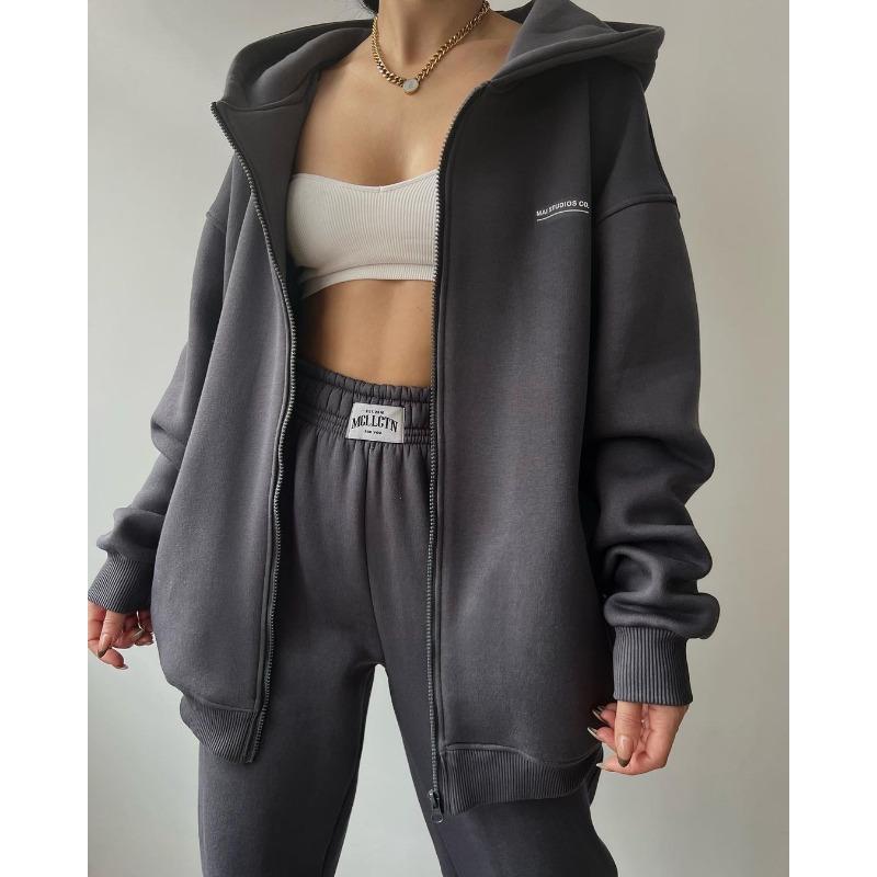 Damen Langarm Fleece Bedrucktes Kapuzensweatshirt und Lässige Hose Zweiteiliges Set