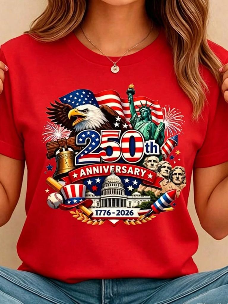 Women's Crew Neck Summer Tee USA 250th Anniversary Patriotic Print Regular
