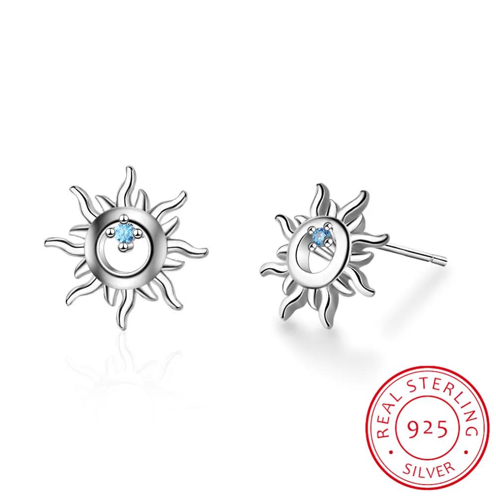 925 Sterling Silver Blue Crystal Zirconia Hollow Sun Stud Earrings for Women Cute Sun Gold Silver color Fashion Party Jewelry