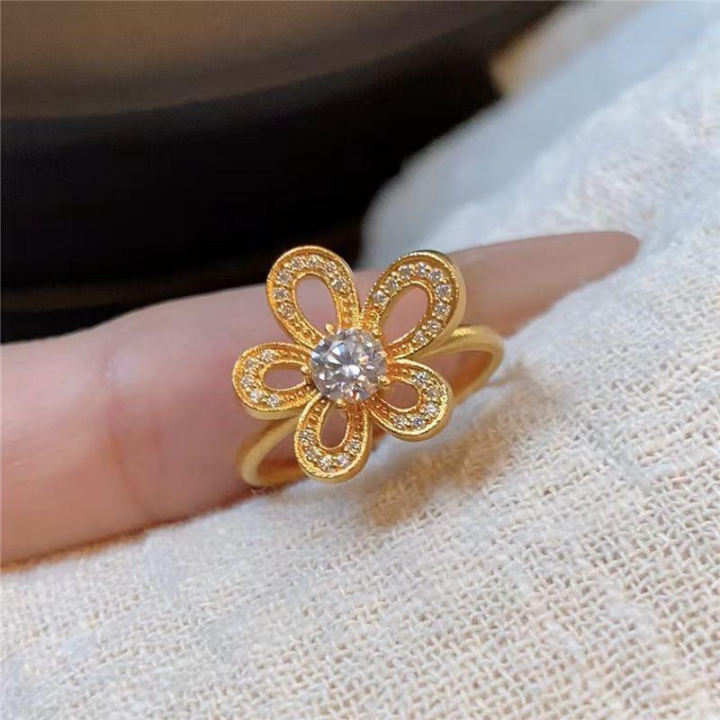 Anel de Coração de Amor e Explosão Estelar Dourado Escovado Vietnamita, Design de Girassol e Flor Gesang, Joia Elegante Feminina