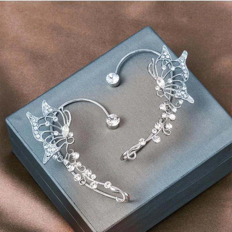 Elegant Korean Elf Butterfly Ear Cuff for Women Sparkling Zircon Crystal Clip Earrings No Piercing Required Wedding Jewelry