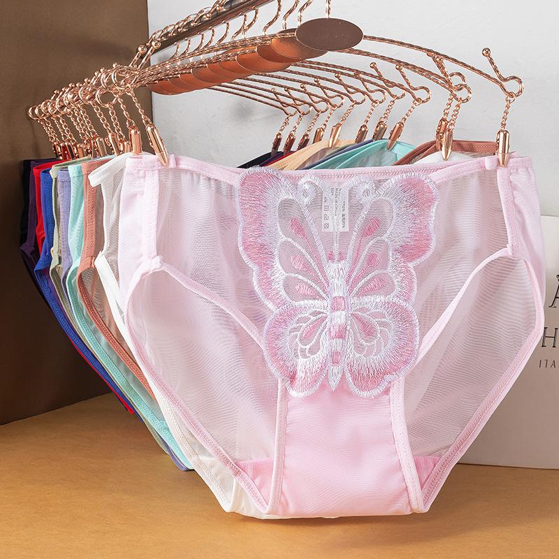 Plus-size Ladies Summer Lace Butterfly Embroidery Hollow Mesh Cotton Crotch Waist Panties