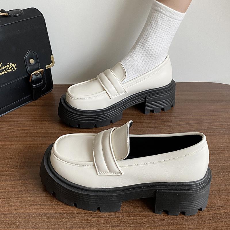 Scarpe Basse in Pelle Piccole Giapponesi Britanniche da Donna Nuove con Suola Spessa e Tacco Grosso Slip-on Stile Preppy Scarpe a Punta Larga