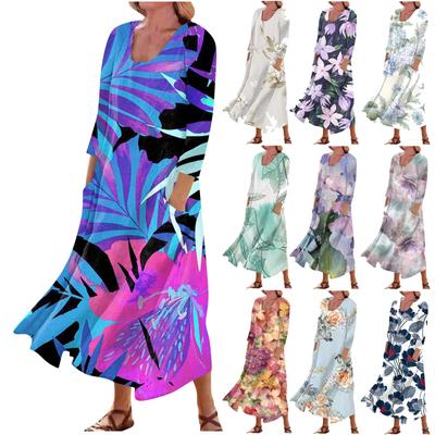 Women's Casual Comfortable Floral Print Three Quarter Sleeves Cotton Pocket Dress