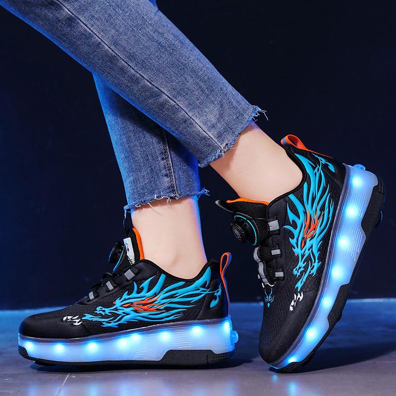 Children's Roller Skates Removable Flat Charging LED Four Wheels Glowing Sports Shoes Pink Women's Glowing Sneakers
