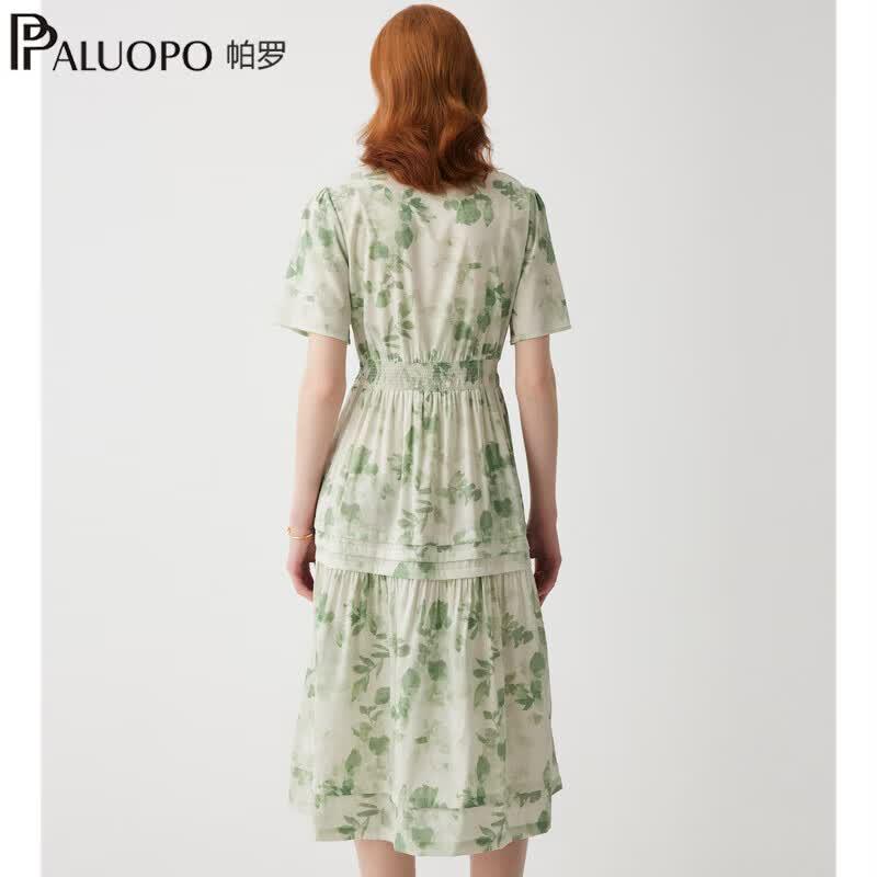 PALUOPO Elegant Floral V-Neck Silk A-Line Dress
