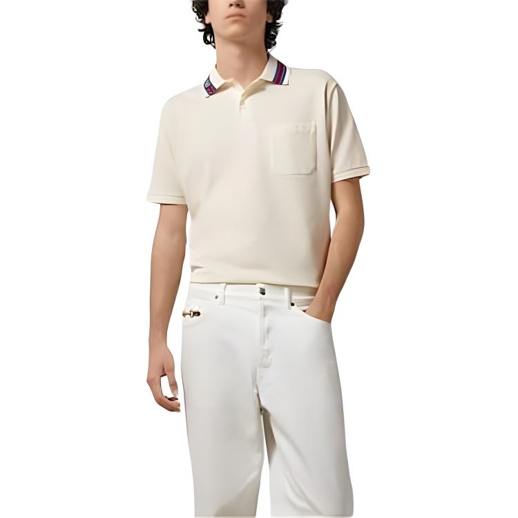 Gucci Decorated Square Gg Pearl Cotton Polo Shirt T Shirt Men's Ecru 768630-XJF45-9733