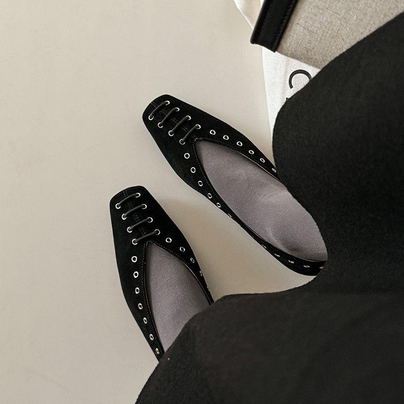

Fashion 2025 New Spring Women Flats Square Toe Genuine Leather Shoes for Women Slip-on Low Heel Kid Suede Women Shoes Ballet Flats 34