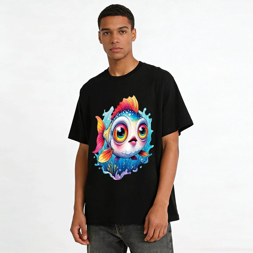 Cute Big-Eyed Colorful Fish Print Casual Unisex T-Shirt Pure cotton T-shirt