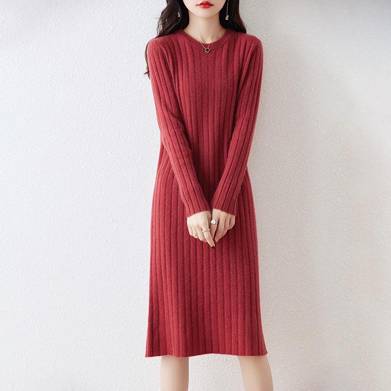 Women's Thickened Long Wool Sweater Dress - Round Neck, Slim Fit, Mid-Length, Warm Knitwear for Autumn and Winter