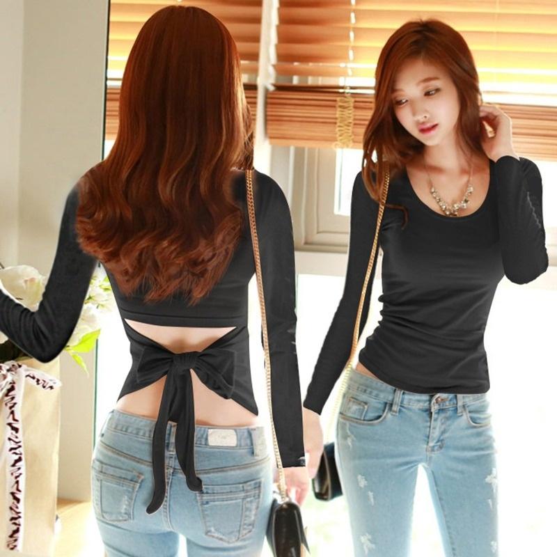 

Женская однотонная черная футболка с длинным рукавом и круглым вырезом сзади с бантом