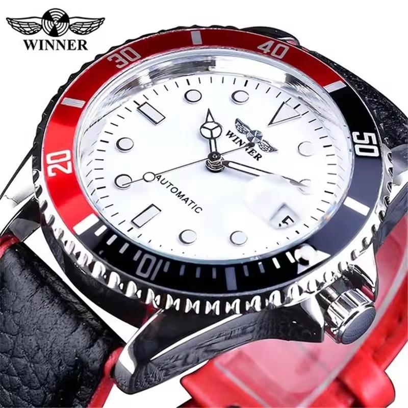 WINNER 002 Men's Mechanical Watch Fashion Luxury Style Automatic Date Black Leather Strap Wristwatch for Male