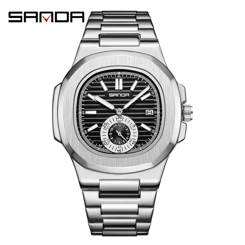 SANDA Sanda Новые стальные ночи с лимонным календарем, модные водонепроницаемые мужские часы из нержавеющей стали чёрный