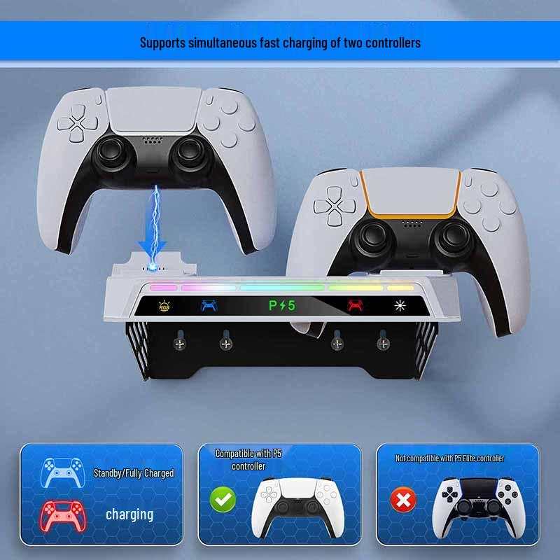 PS5 Wall Mount Kit: Console Bracket, Elite Controller Charger, Headphone Hanger, RGB Lights