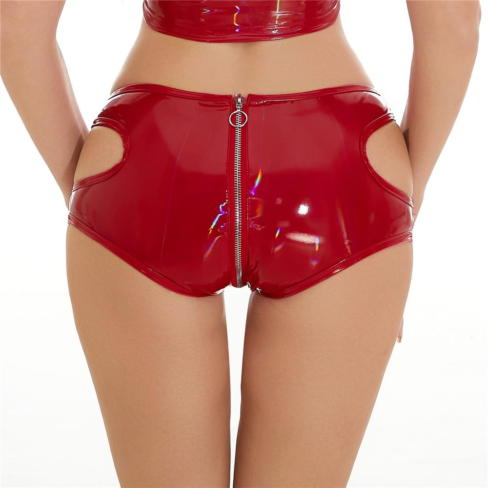 Sexy Women Zipper Open Crotch  Short Oil Glossy Shiny Low Waist Short PVC PU Hollow Out Exotic Briefs Maid Dance Wear