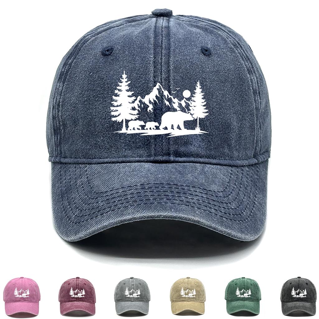 Bear Walking In The Forest Print Snapback Baseball Hat Gorra Hombre Retro Distressed Adjustable Baseball Caps One Size Fits All
