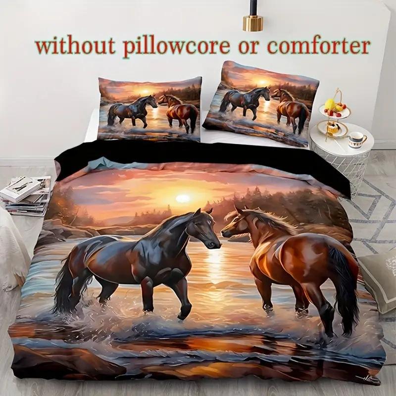 White Horse Down Quilt Set Animal Print Quilt Cover Comfortable Bedding Three-Piece Set