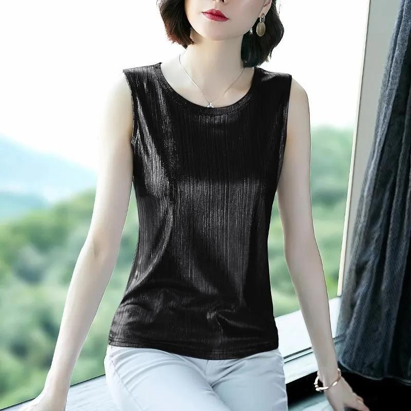 

WTEMPO Элегантные блестящие жилеты без рукавов из ледяного шелка, женские, весна-лето, свободные, большого размера, однотонные, верхняя одежда, топы XXL чёрный