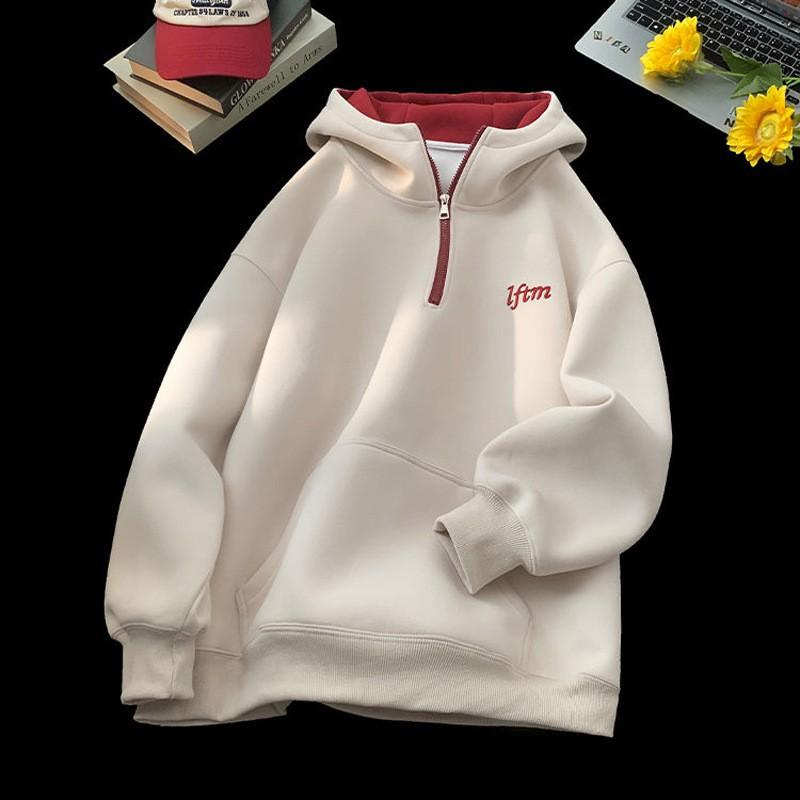 Half-zip Embroidered Hoodie Couple Matching Winter Casual Loose Sweatshirt Women