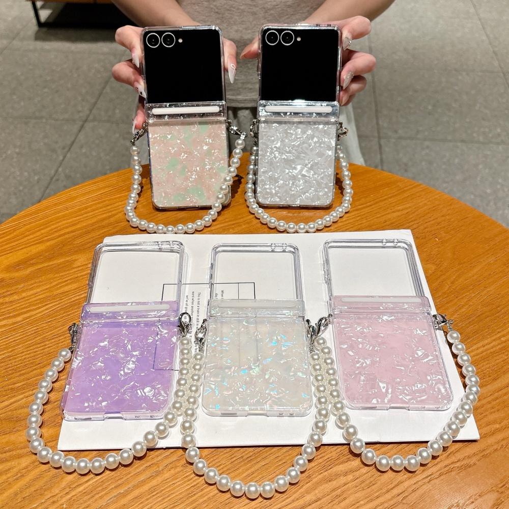 For Samsung Galaxy Z Flip 8 7E 7 6 5 Luxury Shell Pattern Pearl Bracelet Case With Wrist Chain Hard Acrylic Shockproof Cover