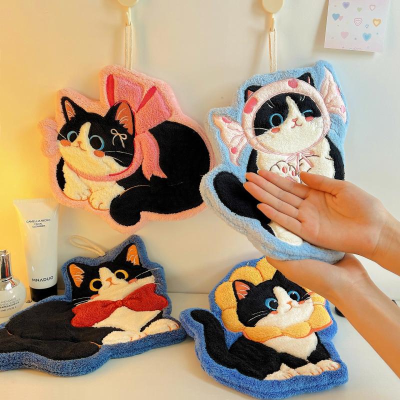 Cartoon Coral Velvet Hand Towel For Kitchen Kawaii Cat Hand Wipe Cleaning Cloth Bathroom Hanging Towel Absorbent Clean Rag