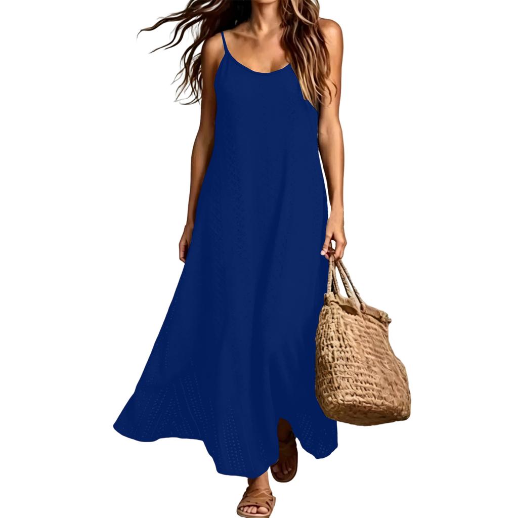 Damen Bohemian Urlaubs-Einfarbig Ärmellos V-Ausschnitt Maxikleid Leicht Lässig Lockerer Schnitt Sommer-Sonnenkleid