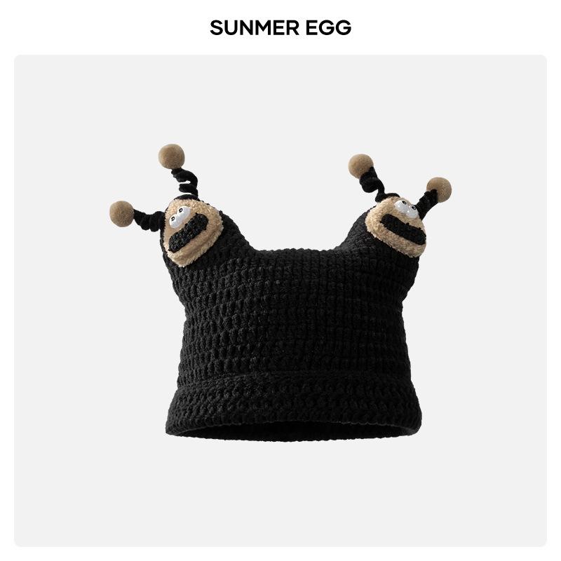 

New cute doll wool hat women s warm knitted hat big head circumference showing face kitten ear hat