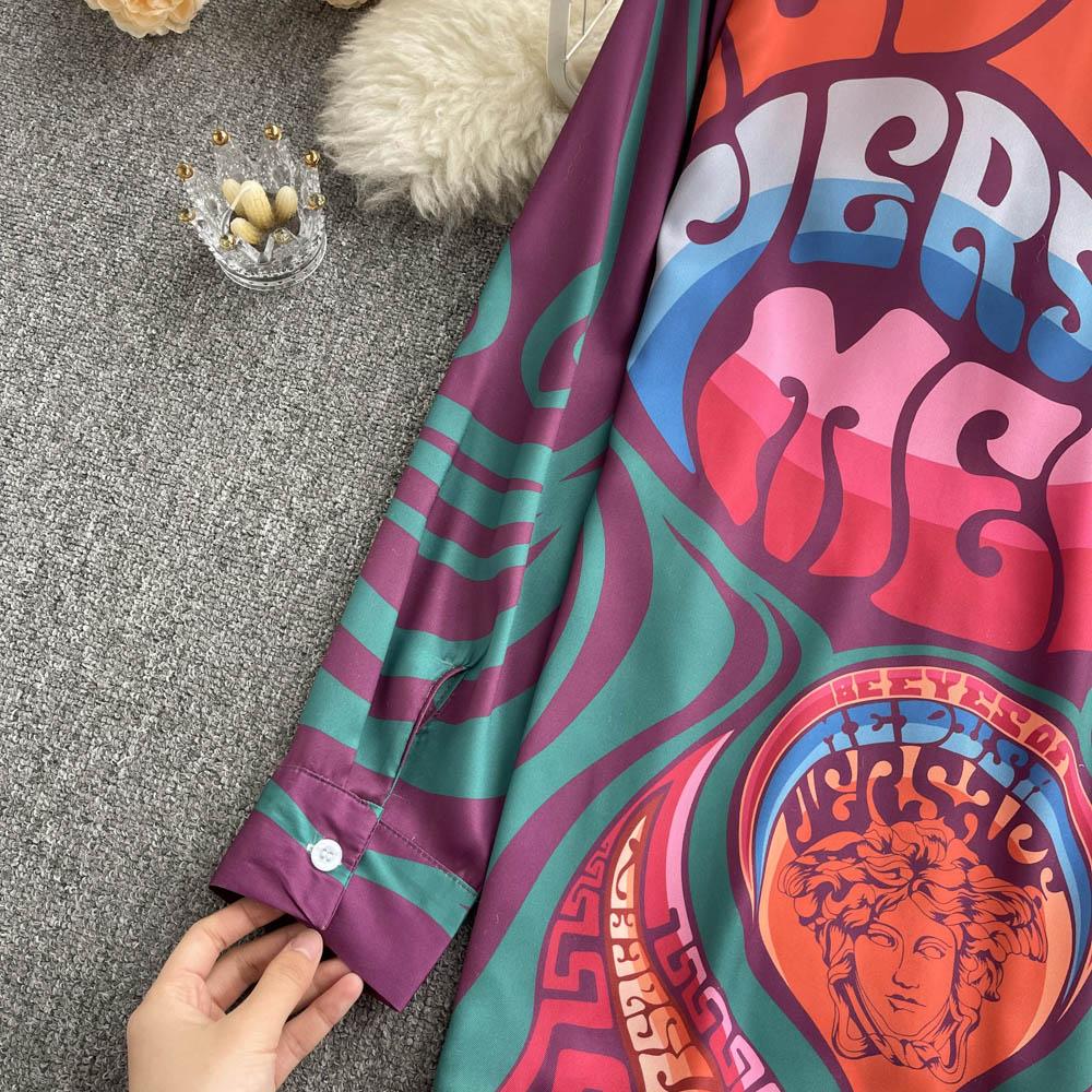 European Station Spring New Fashion Brand Letterhead Print Retro Baroque Style Leisure Vacation Shirt Women's Slim Fit